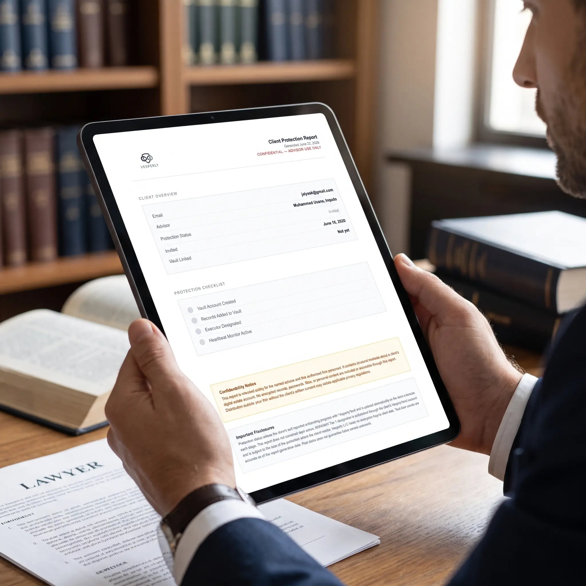 Vesperly advisor portal showing client book with full protection status